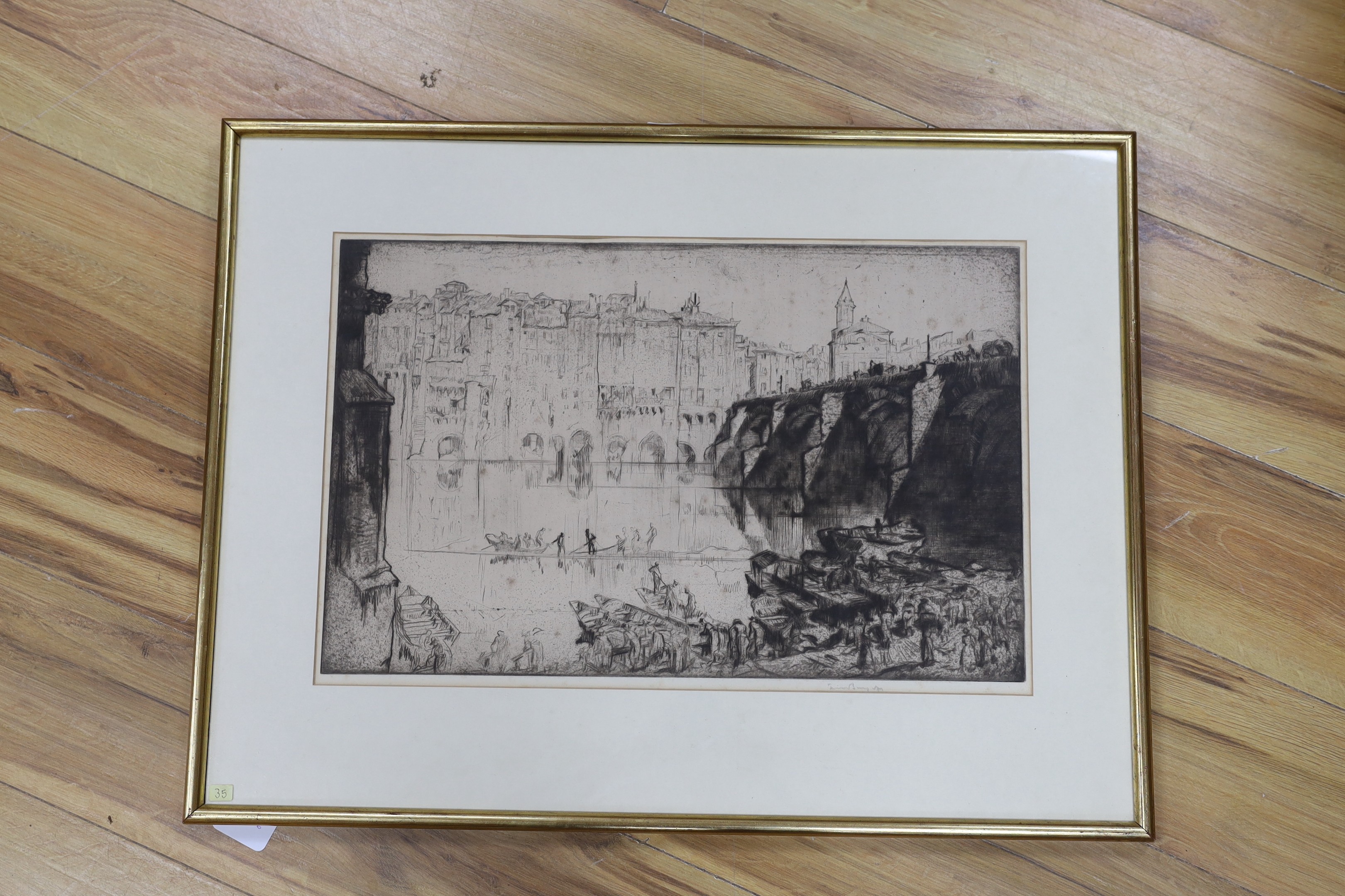 Sir Frank Brangwyn (1867-1956), drypoint etching, Italian riverside houses, signed in pencil, 35 x 55cm